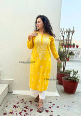 Geet Cotton Chikankari Kurti - Yellow