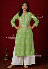 Geet Cotton Chikankari Kurti - Pista Green