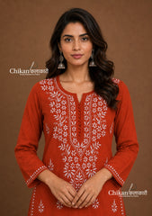 Geet Cotton Chikankari Kurti - Rust