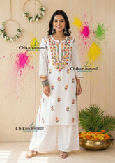 Ameena Cotton White Multi Chikankari Kurti