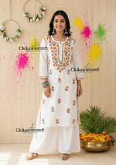 Ameena Cotton White Multi Chikankari Kurti