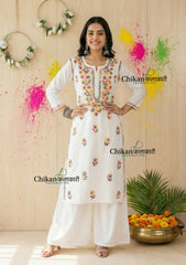 Ameena Cotton White Multi Chikankari Kurti