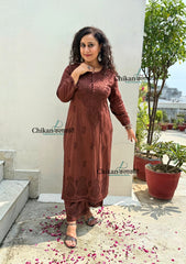 Heer Cotton Chikankari Kurti Set - Brown