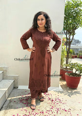 Heer Cotton Chikankari Kurti Set - Brown