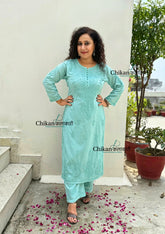 Heer Cotton Chikankari Kurti Set - English Green