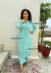 Heer Cotton Chikankari Kurti Set - English Green