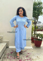 Heer Cotton Chikankari Kurti Set - Powder Blue