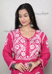 Hoor Modal Magenta Chikankari Kurti | lucknowi chikan kurta | lakhnavi kurti | chicken curry kurti | house of chikankari