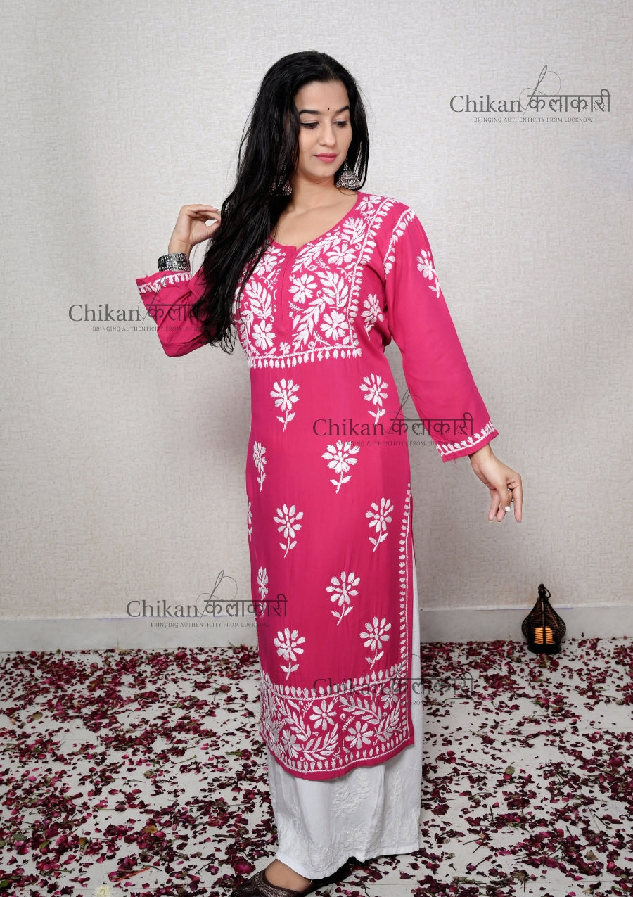 Hoor Modal Magenta Chikankari Kurti | lucknowi chikankari kurti | lakhnavi kurti | chicken curry kurta | house of chikankari
