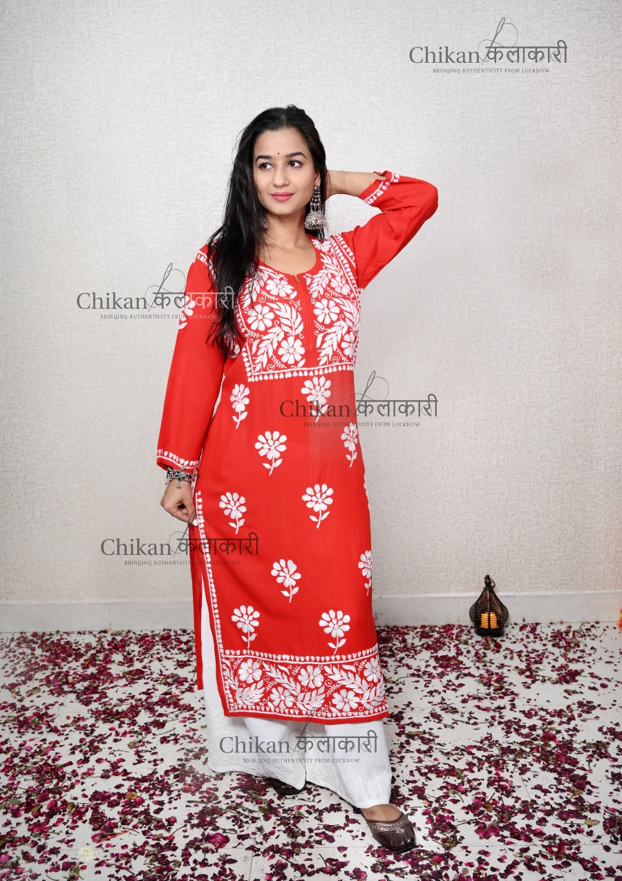 Hoor Modal Red Chikankari Kurti | lucknowi chikankari kurti | lakhnavi kurta | chicken curry kurti | lakhnavi kurti