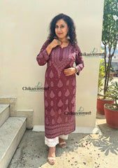 Inaaya Viscose Chikankari Kurti - Plum Rose