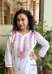 Inara Cotton White Chikankari Kurti - Pink