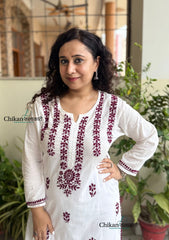 Inara Cotton White Chikankari Kurti - Wine