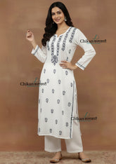 Inara Cotton White Chikankari Kurti - Teal Blue