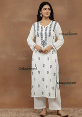 Inara Cotton White Chikankari Kurti - Teal Blue