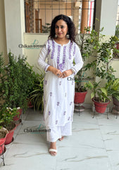 Inara Cotton White Chikankari Kurti - Purple