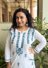 Inara Cotton White Chikankari Kurti - Teal Blue