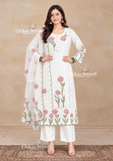 Aishani Ivory Cotton Threadwork Straight Kurta With Regular Pant And Dupatta