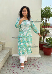 Kanak Mulmul Chikankari kurti - Green