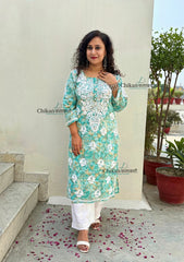 Kanak Mulmul Chikankari kurti - Green