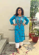 Kaynaat Cotton Multi Chikankari Kurti - Turquoise Blue