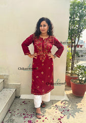 Kaynaat Cotton Multi Chikankari Kurti - Maroon