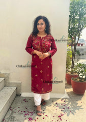 Kaynaat Cotton Multi Chikankari Kurti - Maroon
