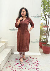 Mahira Cotton Chikankari Kurti Set - Brown