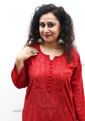 Mahira Cotton Chikankari Kurti Set - Rust Red