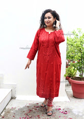 Mahira Cotton Chikankari Kurti Set - Rust Red
