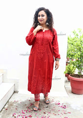 Mahira Cotton Chikankari Kurti Set - Rust Red