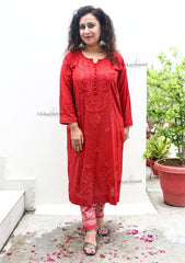Mahira Cotton Chikankari Kurti Set - Rust Red