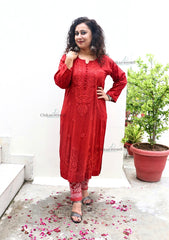 Mahira Cotton Chikankari Kurti Set - Rust Red