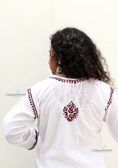 Malvika Cotton White Chikankari Kurti - Maroon