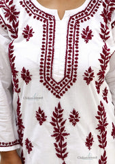 Malvika Cotton White Chikankari Kurti - Maroon
