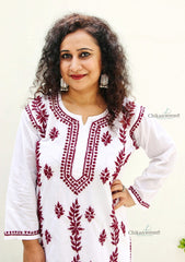 Malvika Cotton White Chikankari Kurti - Maroon