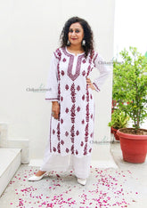 Malvika Cotton White Chikankari Kurti - Maroon