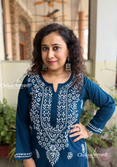 Malvika Cotton Chikankari Kurti - Teal Blue