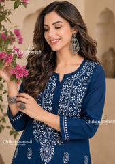 Malvika Cotton Chikankari Kurti - Teal Blue