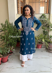 Malvika Cotton Chikankari Kurti - Teal Blue