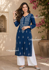 Malvika Cotton Chikankari Kurti - Teal Blue