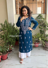Malvika Cotton Chikankari Kurti - Teal Blue
