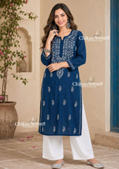 Malvika Cotton Chikankari Kurti - Teal Blue