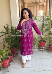 Malvika Cotton Chikankari Kurti - Wine