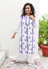 Malvika Cotton White Chikankari Kurti - Purple