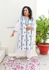 Malvika Cotton White Chikankari Kurti - Green