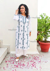 Malvika Cotton White Chikankari Kurti - Green