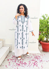 Malvika Cotton White Chikankari Kurti - Green