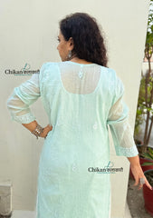 Mannat Mul Chanderi Chikankari Kurti - Light Pista Green