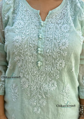 Mannat Mul Chanderi Chikankari Kurti - Light Pista Green